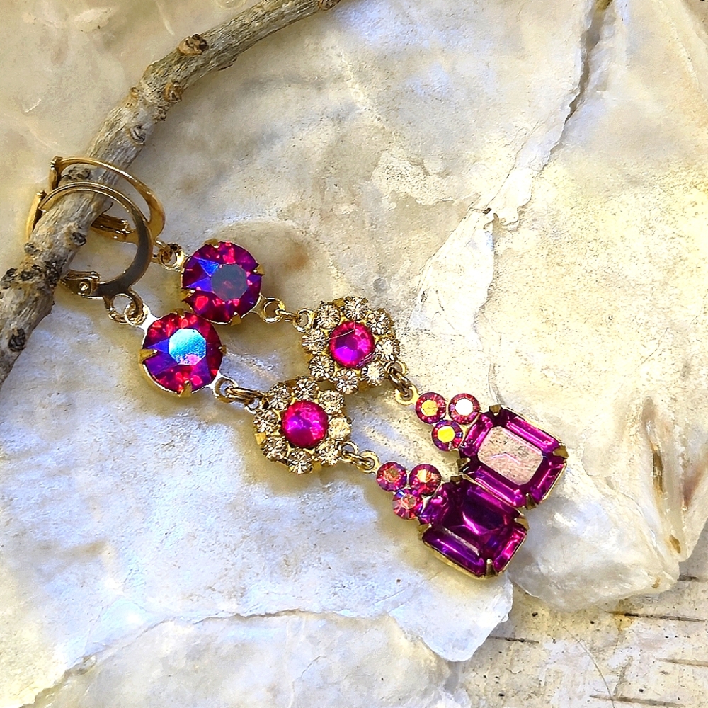 Victorian Fuchsia & Pink AB Swarovski & Flower Crystals In Long Ornate Earrings - Picture 4 of 8